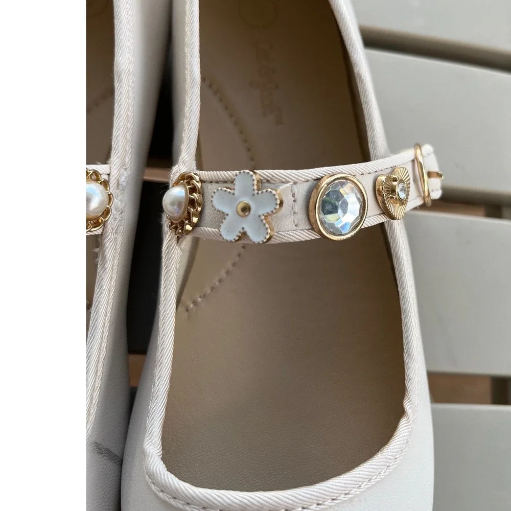 Cat &‎ Jack Marla Ivory Mary Jane Flats Embellished Strap Kids Size 3 NEW